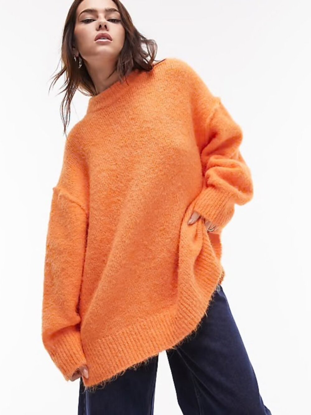 * A664 • Orange Oversized Fuzzy Volume Sleeve Crewneck Sweater
